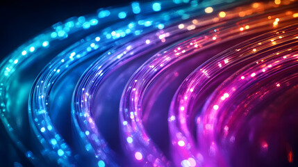 Vibrant neon fiber optic cables move rapidly, creating abstract patterns with multicolored lights against a dark backdrop, showcasing an electrifying visual effect