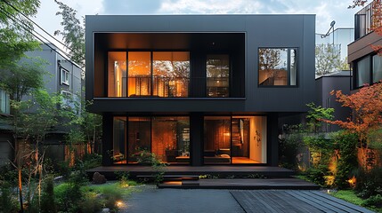 Modern two-story black house with large windows, illuminated interior, and a wooden deck in a garden setting at dusk.