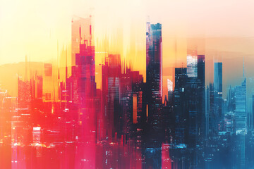 Fototapeta premium Abstract colorful city background, digital glitch art theme