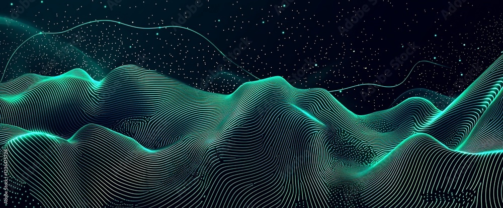Poster abstract teal digital landscape with glowing lines and particles.