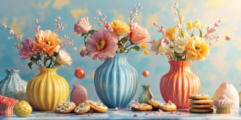 A cheerful, vibrant still life with various colorful ceramic jars and pastel floral arrangements, accompanied by sweet treats and candies.