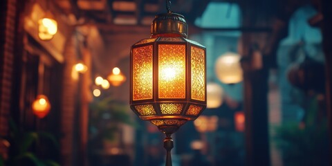 Lamp hanging in a dimly lit alley, creating a cozy and intimate atmosphere with its glowing candlelight. Ornate design suggests vintage or cultural significance.