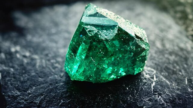 Close Up of Vibrant Green Emerald Gemstone on Dark Surface