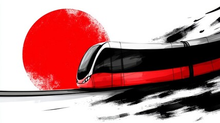 a red and black train traveling through a white landscape with a red sun in the background