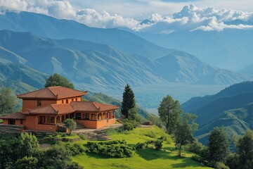 Fototapeta premium Beautiful hillside house surrounded by mountains in a serene landscape at sunset