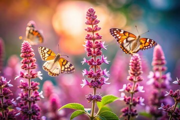 Obraz premium A close-up reveals vibrant holy basil flowers, bustling with bees and butterflies, a delicate pollination dance captured in macro detail.