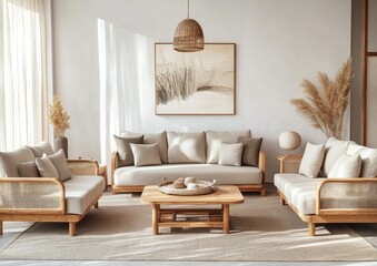 Modern minimalist living room with beige sofa set, wooden coffee table, natural decor, and large artwork.