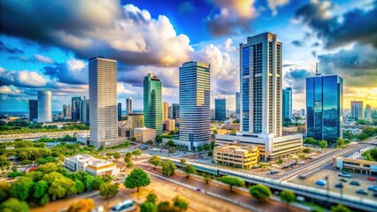 Fototapeta premium A cloudy April sky over Bnei Brak, Israel. Tilt-shift photography reveals the city's industrial office towers on April 23, 2023.