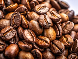 A coffee bean still life: rich browns against pristine white, perfectly composed using the rule of thirds, in high resolution.
