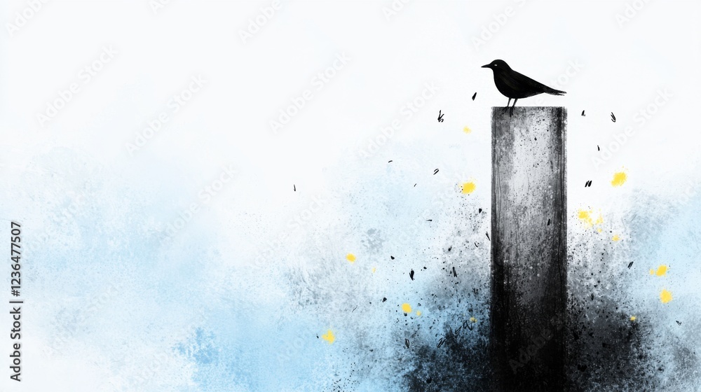 Wall mural  a black bird perched atop a metal pole against a white and blue background