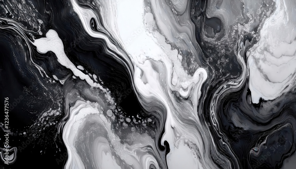 Poster abstract monochrome fluid marble texture with bold black and white swirls, perfect for decorative ar