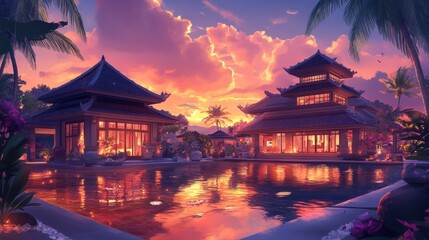 Obraz premium Sunset over tropical Asian villas, pool reflection, travel brochure