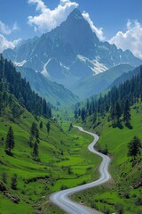 Scenic winding road through lush green valleys under majestic mountains in bright daylight