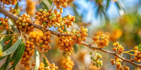 Fototapeta premium Close-up of a gum arabic tree branch with selective focus, plant detail, natural