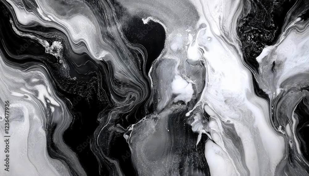 Poster abstract monochrome fluid marble texture with bold black and white swirls, perfect for decorative ar