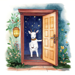 扉をあける子山羊の水彩イラスト　童話　絵本　物語　イメージ