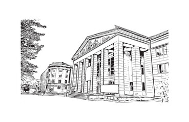 Building view with landmark of Chelyabinsk Russia. Hand drawn sketch illustration in vector.