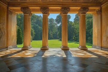 Fototapeta premium Columns create a covered portico with a park view suitable for a real estate ad.