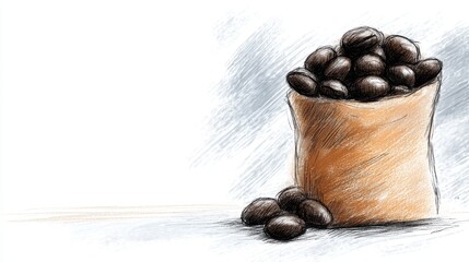  a paper bag filled with coffee beans sitting on top of a table The bag is drawn in detail, with the beans spilling out of the top The beans are a deep brown color