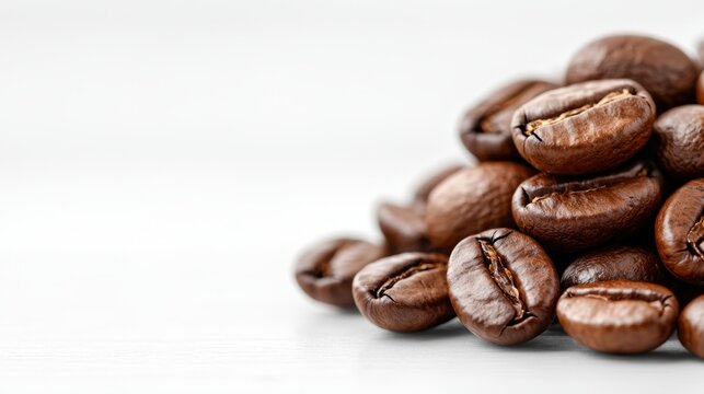 a pile of roasted coffee beans on a white background The beans are a deep brown color, indicating that they have been roasted to perfection The texture of the bea