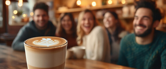 A latte with beautiful heart-shaped art in the foreground, with a joyful group of friends enjoying a conversation in a cozy cafÃ© setting.