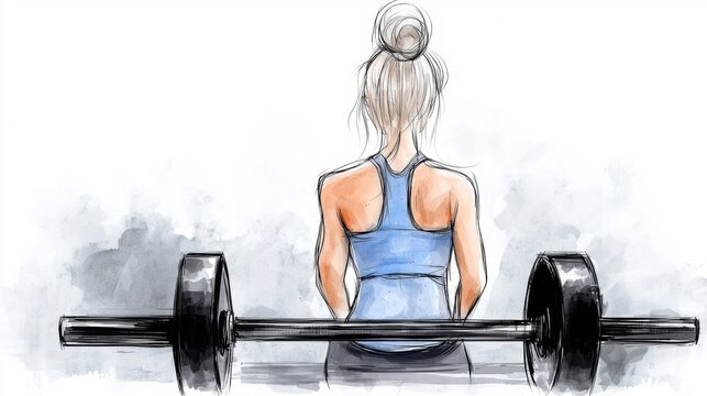  a woman in a blue tank top lifting a barbell against a white background She is standing upright with her feet shoulder-width apart and her arms extended, gripping