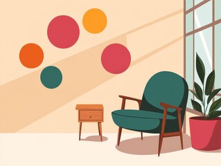 Teal armchair in sunlit room with side table, plant, and colorful wall decor.