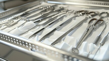 A sterile medical tray with scalpels, forceps, and other surgical instruments --no text and people, human --chaos 10 --ar 16:9 Job ID: 6190c6bf-da12-409f-bd6e-c08a31f5e017