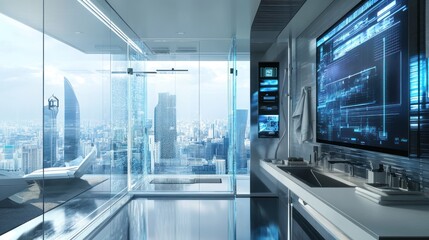 Fototapeta premium Futuristic Smart Bathroom with City View Shower