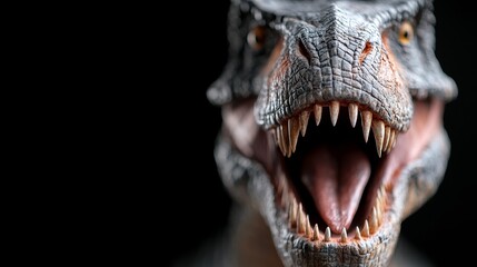 Obraz premium a close up of a Tyrannosaurus Rex with its mouth open and teeth wide open, set against a dark background