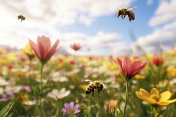 Obraz premium Field of flowers buzzing with bees under a bright sky in a vibrant landscape