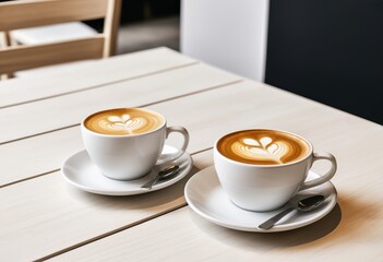 On the white wooden table are two coffee cups with latte art patterns on them