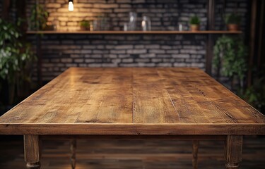 Rustic wooden table in a loft setting.