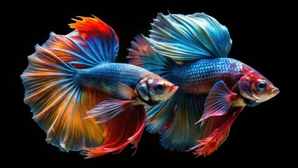 Fototapeta premium A colorful Siamese fighting fish explodes with life in a double exposure macro shot, set against a dark aquarium.