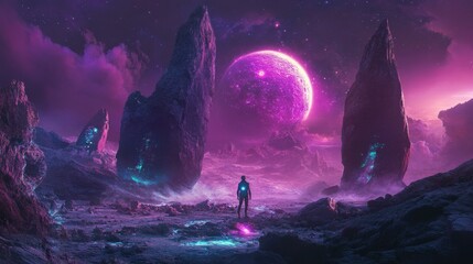 Solitary figure gazing at a vibrant alien planet amidst otherworldly rock formations under a purple sky; ideal for fantasy, sci-fi, or cosmic themes