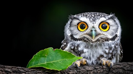 Fototapeta premium a white and black owl perched atop a tree branch, with a green leaf in the foreground and a black background