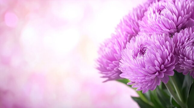  a vase filled with vibrant purple chrysanthemums on top of a table, with a blurred background The flowers are in full bloom, with their petals spread wide and thei