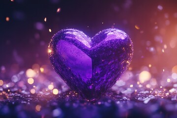 Obraz premium Shimmering Purple Heart Shaped Crystal on Sparkling Surface with Bokeh Background Effects