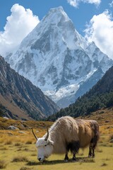Himalayan yak grazing in a lush valley with towering snow-capped peaks in the background