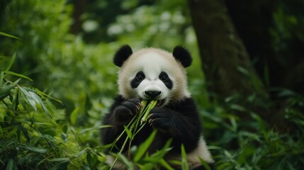 Fototapeta premium Adorable Baby Panda Munching on Bamboo in Lush Green Forest: Showcasing the Cuteness and Natural Behavior of Young Pandas in Their Native Habitat with Dense Greenery