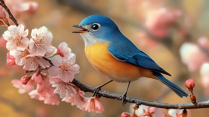 Fototapeta premium Vibrant blue and orange bird perched on a blossoming cherry branch, singing.