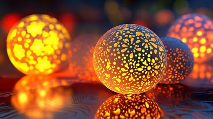 Obraz premium Glowing Orbs with Intricate Cutout Patterns on Reflective Surface Creating Abstract Art