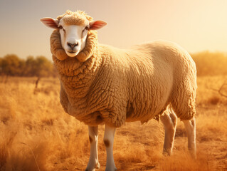 Obraz premium Tan Sheep Standing Peaceful in Golden Sunset Field