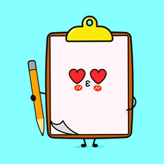 Clipboard in Love Cute Cartoon Clipboard Character with Heart Eyes and Pencil