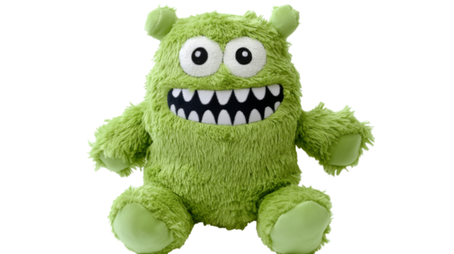 Green fluffy monster toy sitting and showing teeth on transparent background