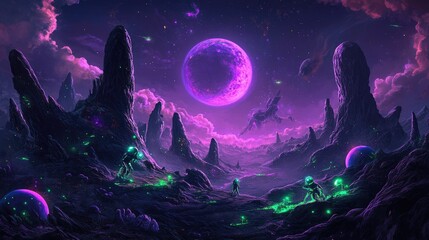 Alien landscape, purple moon, night, glowing plants, figures exploring. Fantasy art for sci-fi, game backgrounds