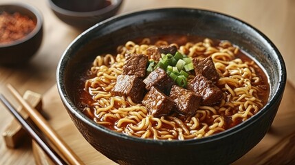 Instant noodles in a bowl with a pair of chopsticks, ready to be eaten.