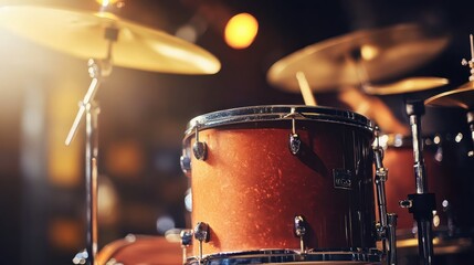 Obraz premium Drummer plays drums on stage, spotlight background, music concert