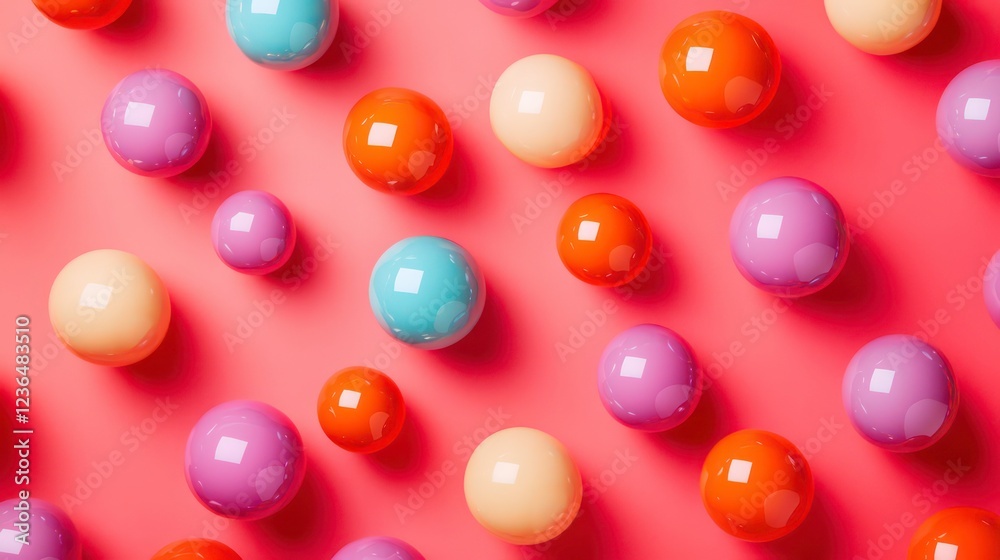 Poster Colorful spheres arranged in a repeating pattern on a pink background.