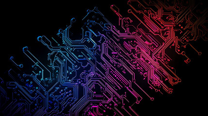 A vibrant, abstract representation of circuit patterns in shades of blue, pink, and purple, set against a black background.